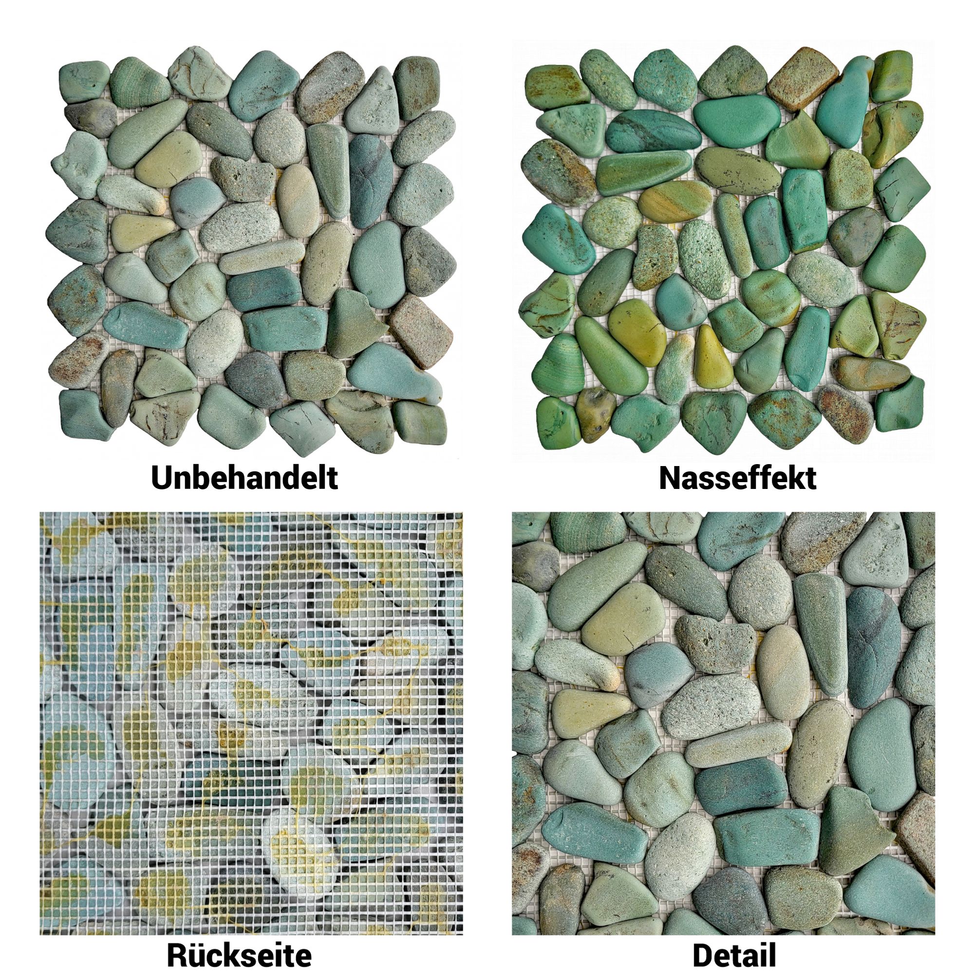 Kieselstein-Mosaikfliese in Grüntönen: unbehandelt, Nasseffekt, Rückseite und Detailansicht.