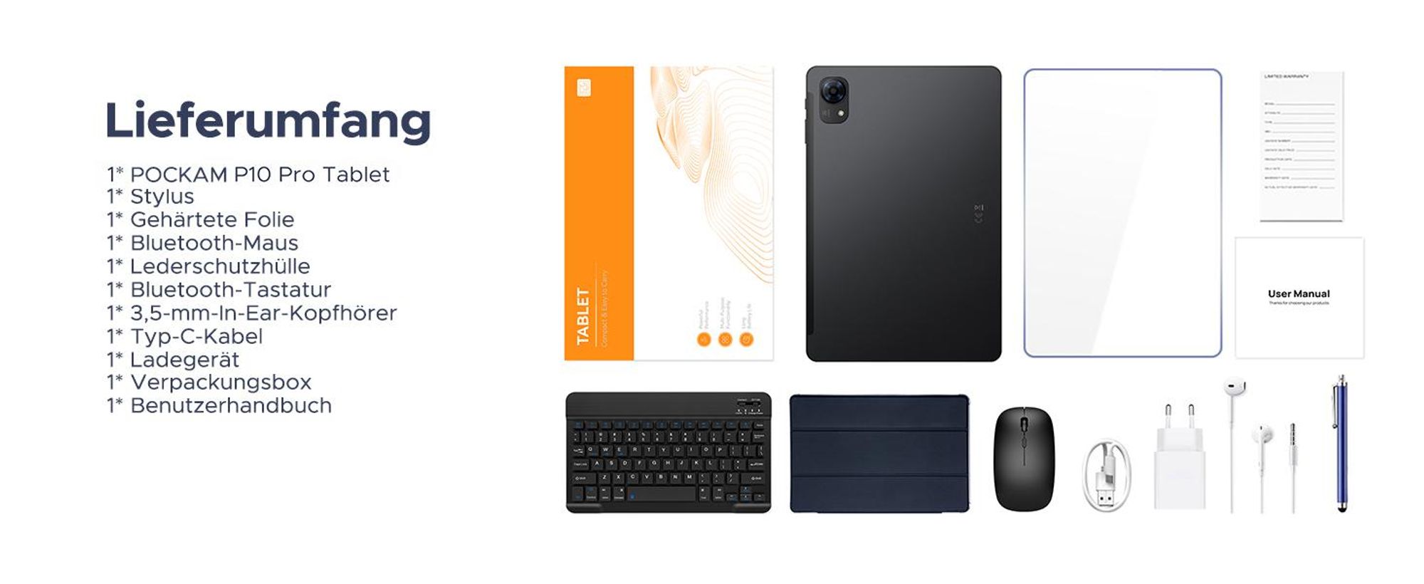 POCKAM P10 PRO, 48 (8+40) GB + 128 GB opslag, 10 inch scherm, Android 16, 8800 mAh batterij, met toetsenbord/muis/stylus/hoesje, Bluetooth 5.0, 5G WiFi, Gemini AI, 3,5 mm hoofdtelefoonpoort