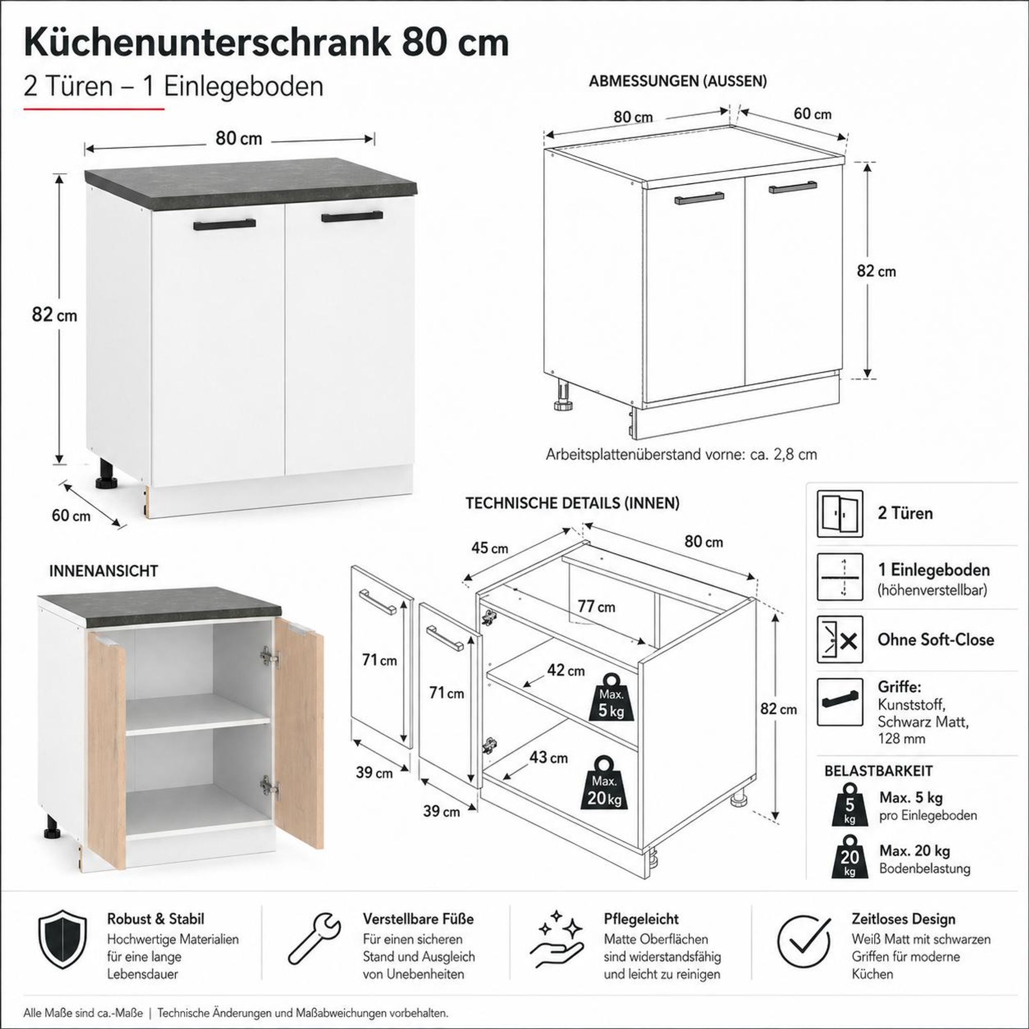 Küchenunterschrank Mattweiß: Technische Details, Türmaße 71x39 cm & Belastbarkeit.