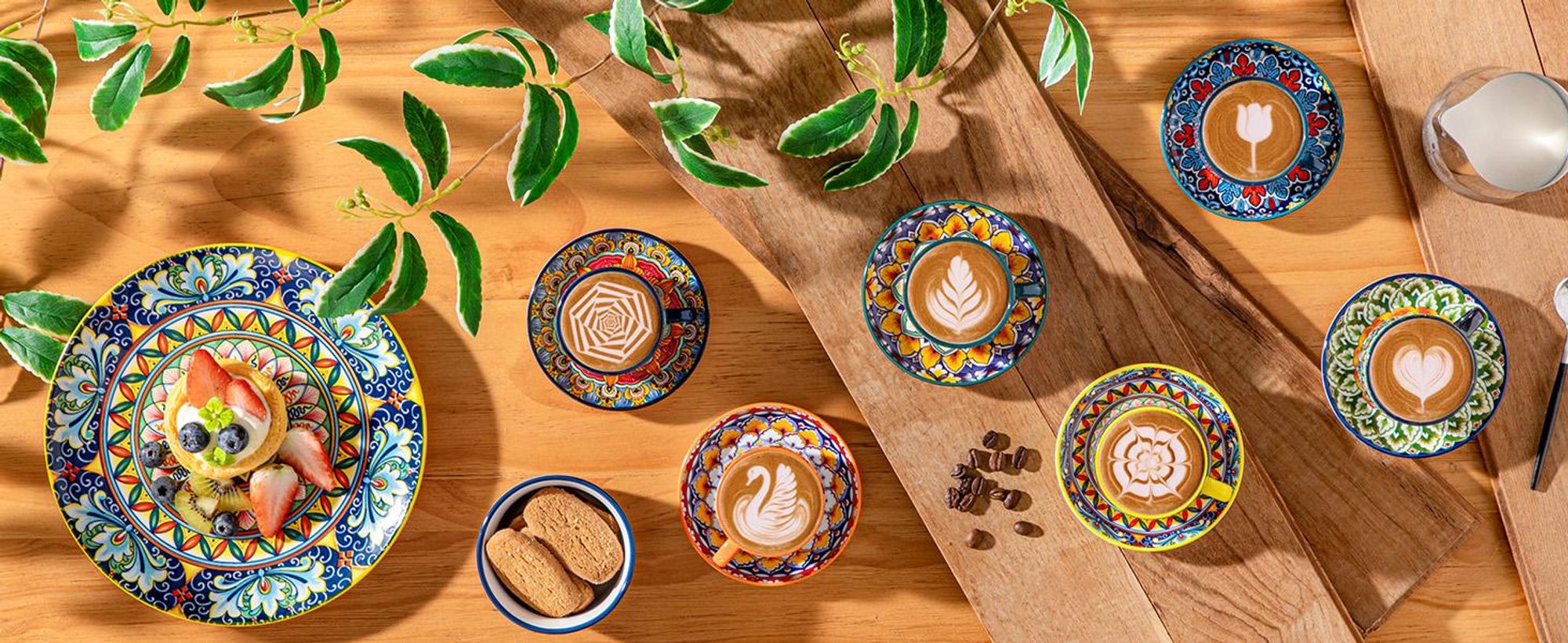 VANCASSO 6-tlg Tassen Set, Porzellan Espresso-Set, Kaffeetasse mit Unterteller, Metallständer, 90ml, Boho-Stil