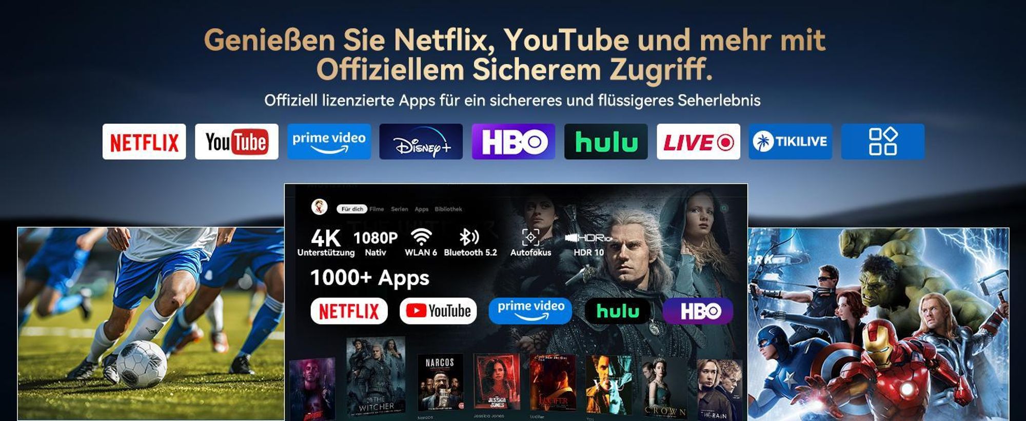 Blackview-Huidun PT10 Beamer, 25000 Lumen, 1080P Native, 4K, Google TV, 360° Deckenprojektion, KI Autofokus, WiFi 6, 10W HiFi, Tragbares Heimkino