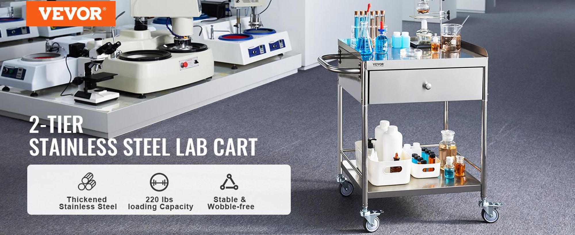 VEVOR Edelstahlwagen, 3-lagiger Labor-Nutzwagen mit 181,4 kg Tragfähigkeit, medizinischer Wagen mit abschließbaren Universalrädern, für Labor, Klinik, Küche, Salon, 2 Schichten