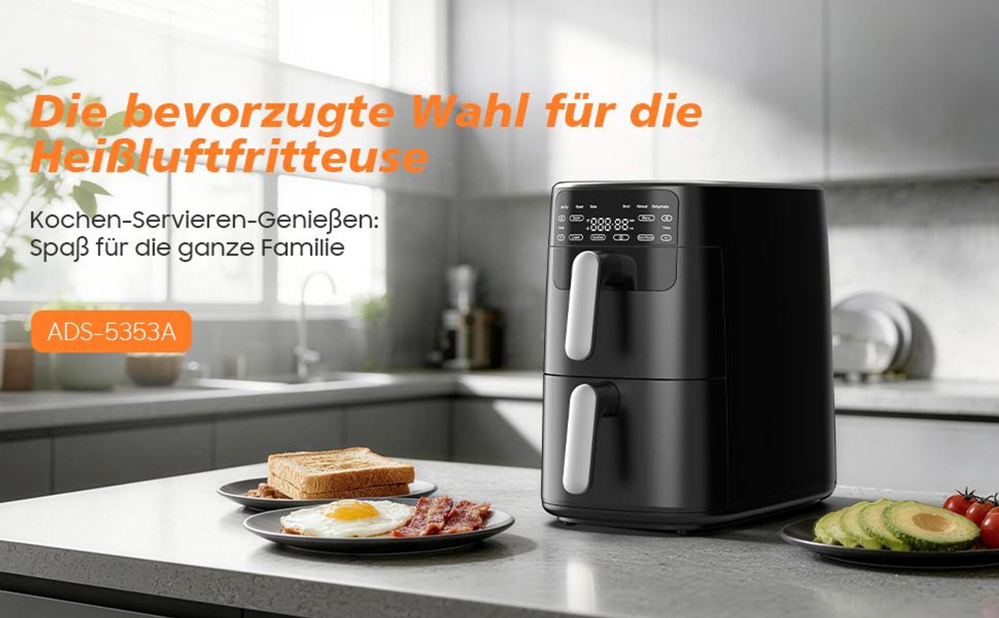 XXL Heißluftfritteuse 10 L Doppelkorb Airfryer 2700 W, Sync-Finish & Dual-Cook, 6 Programme, Digitaldisplay, Antihaft, spülmaschinengeeignet