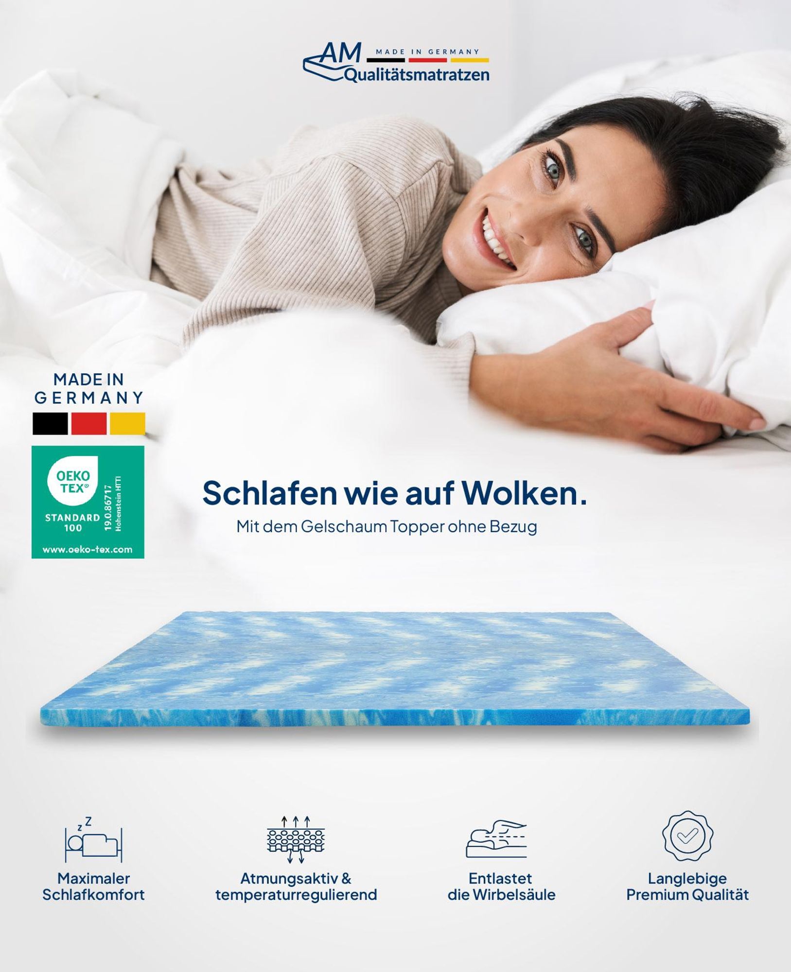 AM Qualitätsmatratzen | Gelschaum-Topper | 120x200 cm | Ohne Bezug | Matratzentopper | 120/200 | Gel Topper