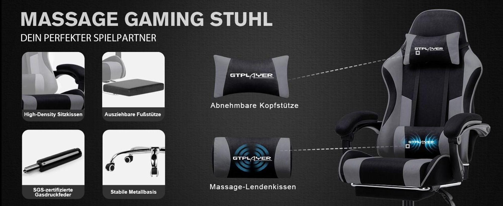 GTPLAYER Gaming Stuhl, Bürostuhl, Ergonomischer Pc Stuhl, Gaming Sessel mit Massagelendenwirbelstütze mit Fußstütze und Kopfstütze, Grau Stoff