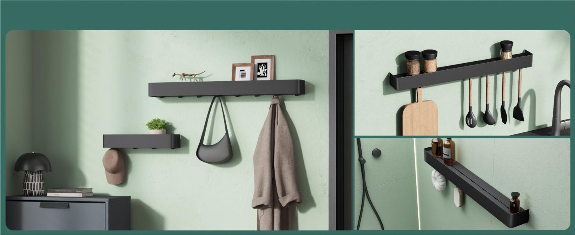 Mai & Mai Wandgarderobe mit Ablage und 4 Haken, Garderobenleiste 40 cm zur Wandmontage, Kleiderhaken für Flur, Badezimmer Sandschwarz Reglo-05