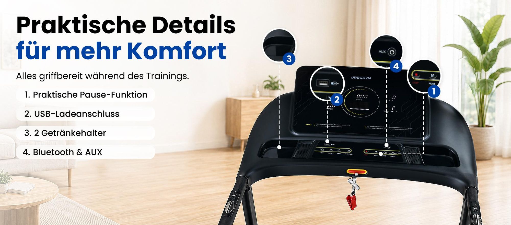 URBOGYM V700S Laufband – 18 km/h, automatische Steigung mit 18 Stufen, Lauffläche 50 × 130 cm, bis 140 kg, klappbar, FITSHOW