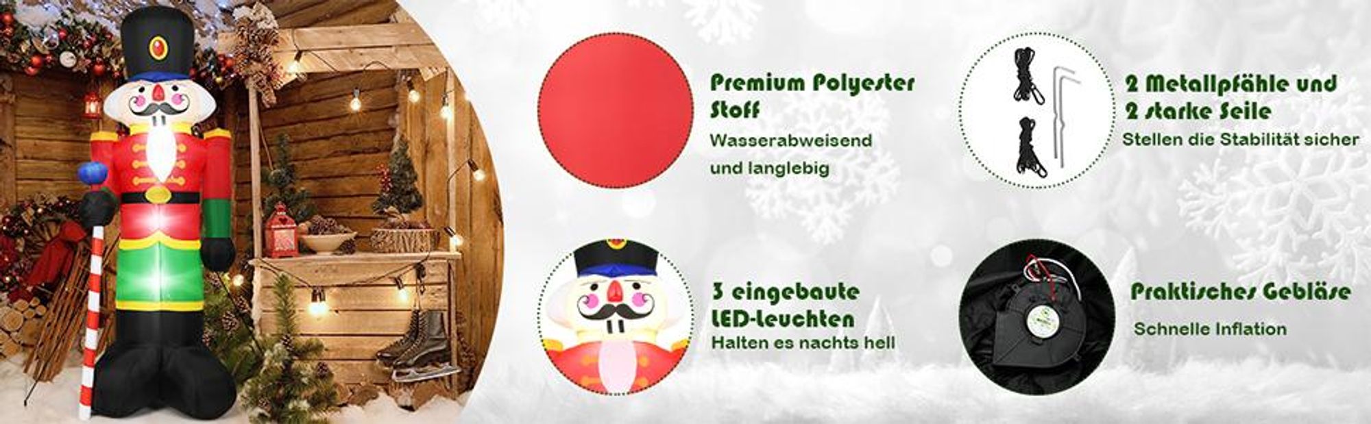 COSTWAY 240cm Nussknacker-Soldat aufblasbar, Weihnachtsmann Soldat, Weihnachtsdekoration mit 3 LED-Leuchten, Gebläse und Sandsäcke