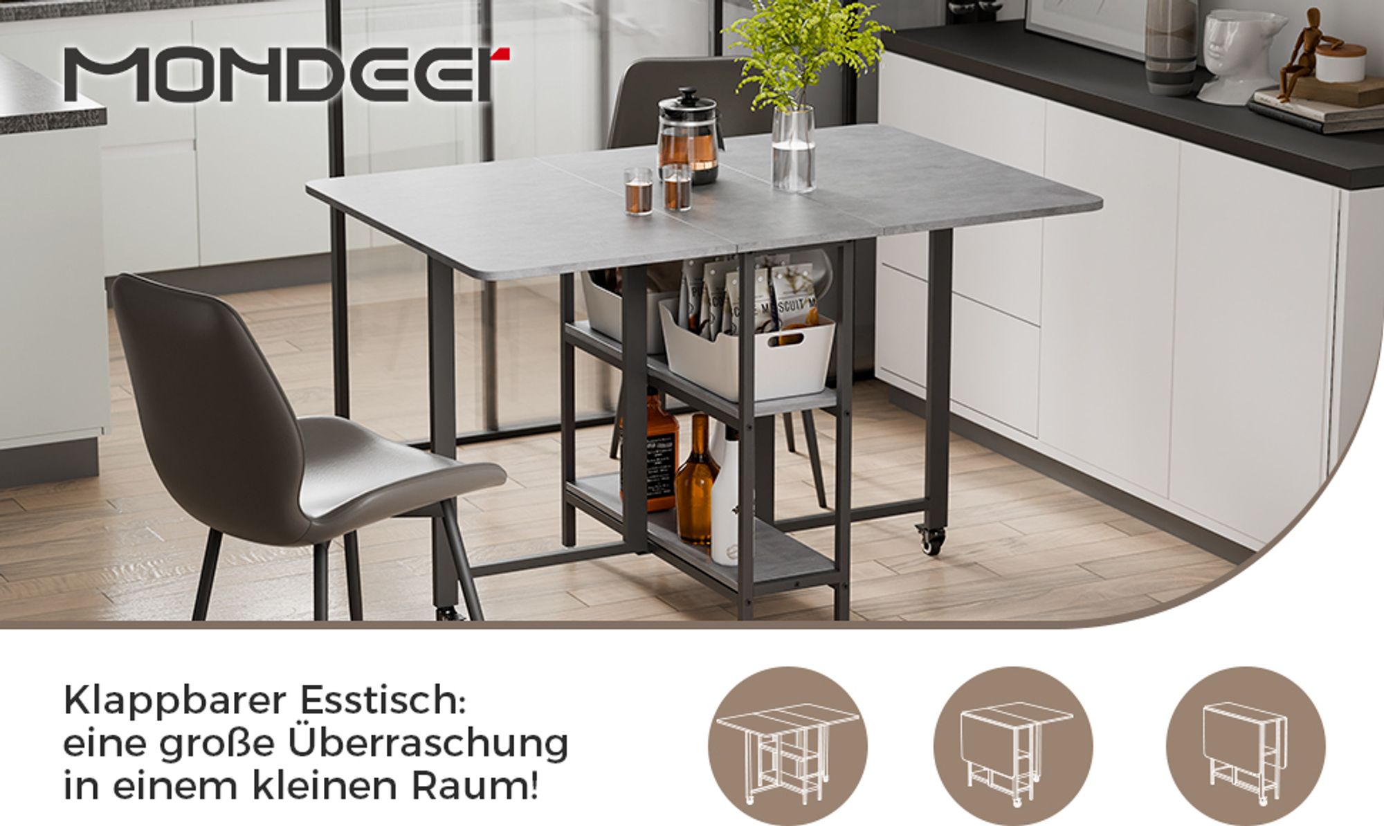 Mondeer Klappbarer Esstisch Küchentisch mit 2 Ablagen und Rollen 120 x 80 x 75 cm Grau