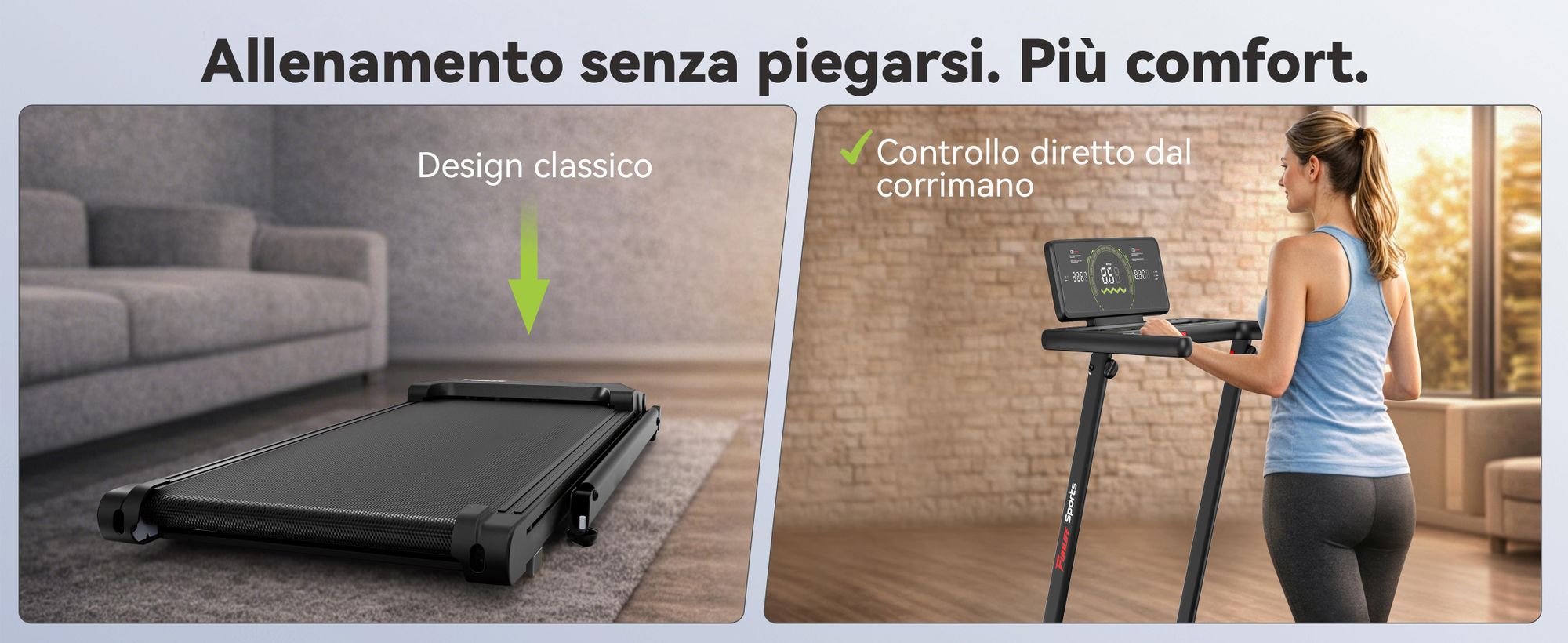 Tapis roulant pieghevole FunLife F8 con inclinazione del 5%, display integrato nel corrimano, piano di corsa extra largo, silenzioso e delicato sulle articolazioni, 12 programmi, 1–12 km/h