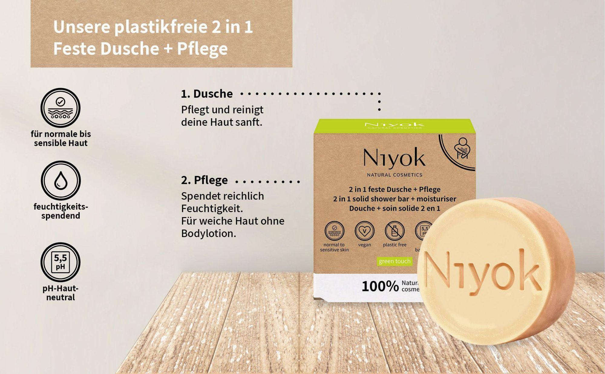 Niyok 4-in-1 Feste Dusche "Athletic Grey" 80g, Seife für Körper + Haare + Gesicht + Bart, Nachhaltige All-in-One Körperpflege