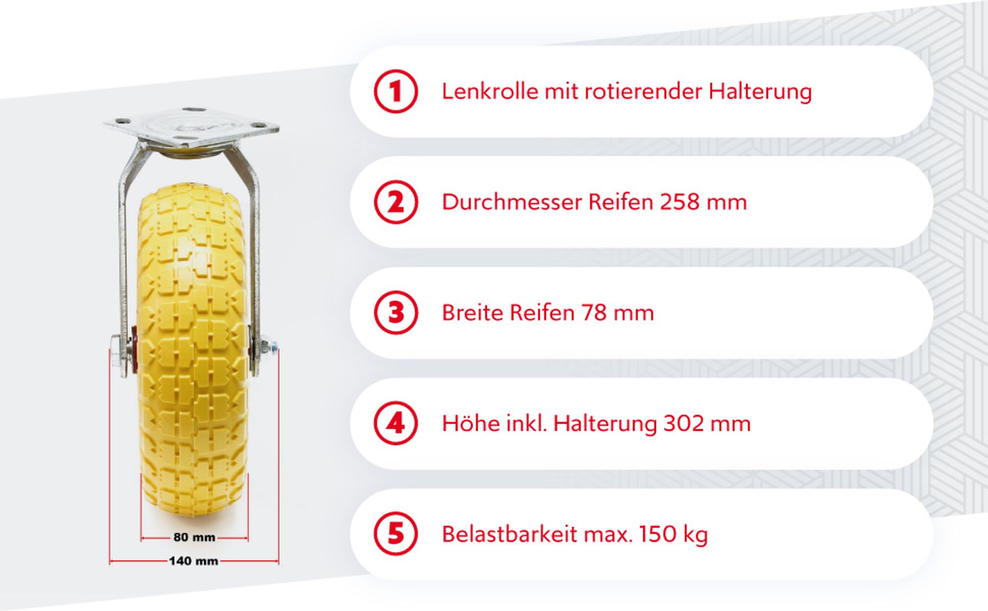 Wiltec Lenkrolle Ø258 bis 150kg mit Metallfelgen 78mm hoch pannensicher gelb belastbar, Transportrolle Möbelrolle Laufrolle Möbel-Lenkrolle