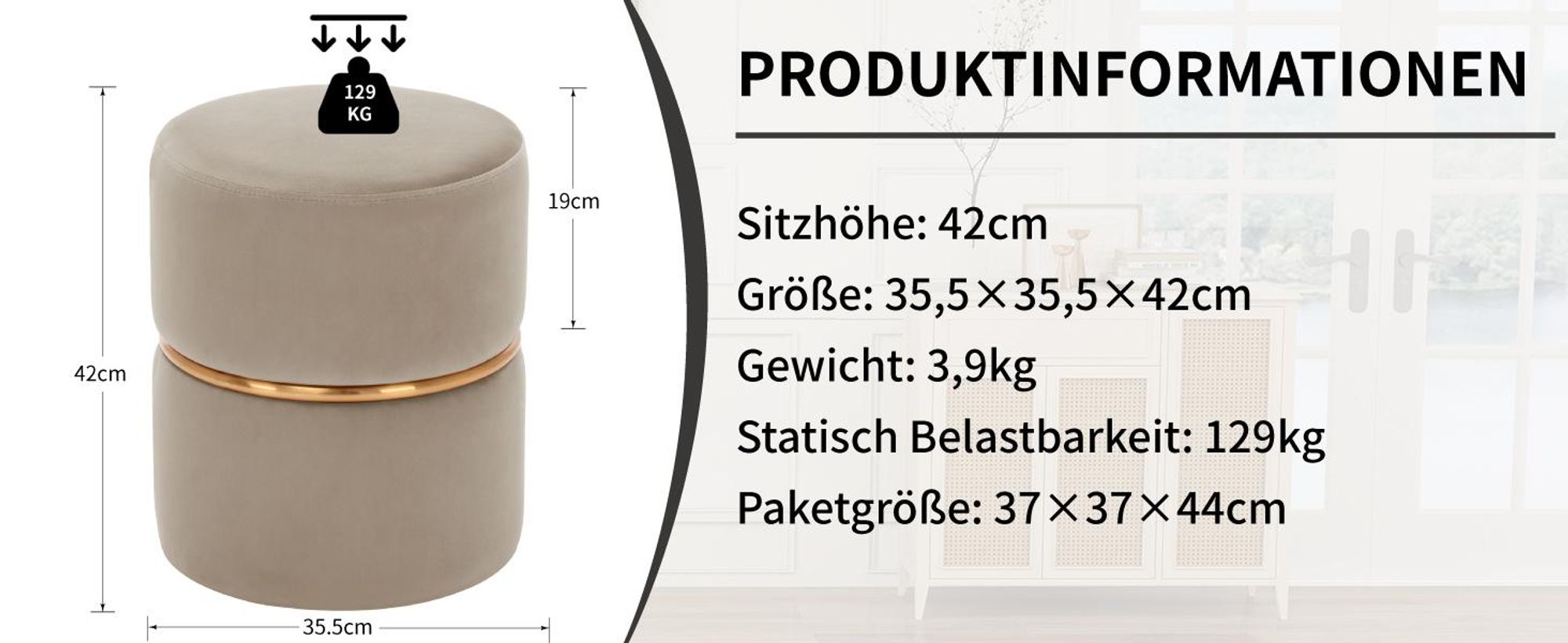 Duhome Samt Sitzhocker Gepolsterter Ottoman Rund Polsterhocker für Schlafzimmer Wohnzimmer Hauseingang Flur, Khaki