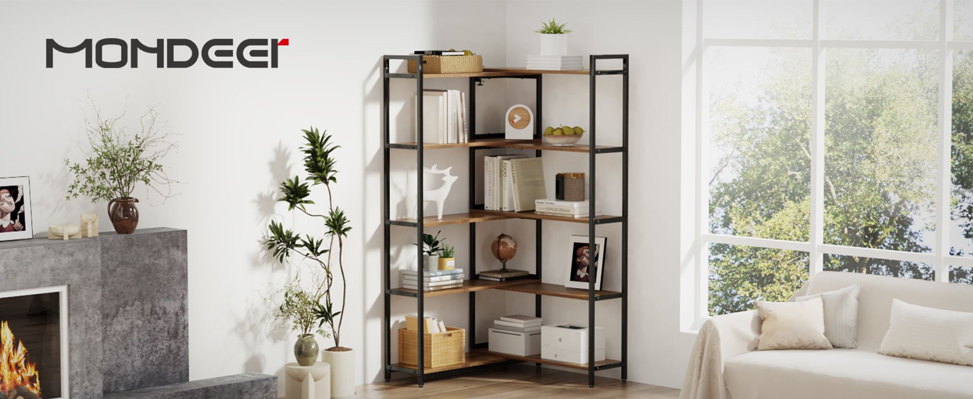 Mondeer Bücherregal mit 5 Ebenen Verstellbarer Eckregal Standregal Leiterregal Vintage Braun