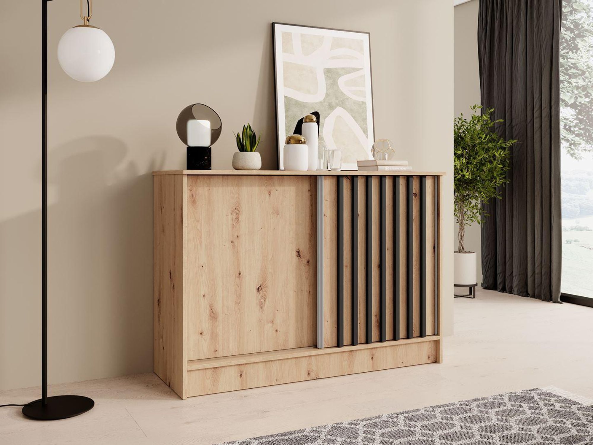 BEAUTYSOFA | Kommode HORIZON 120 cm Artisan, Schwarz mit Lamellen Sideboard mit 2 Schiebetüren, Modernes Design, viel Stauraum