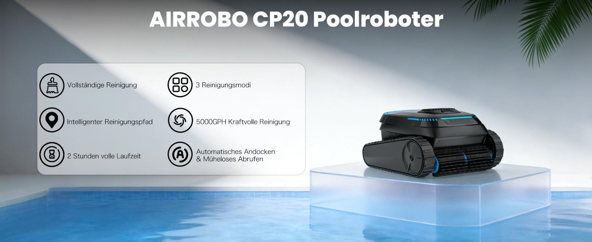 AIRROBO CP20 Poolroboter Kabellos Poolsauger Autoparken und Wandklettern, 3 Motoren 120 Min, für Boden/ Wand/Wasserlinie