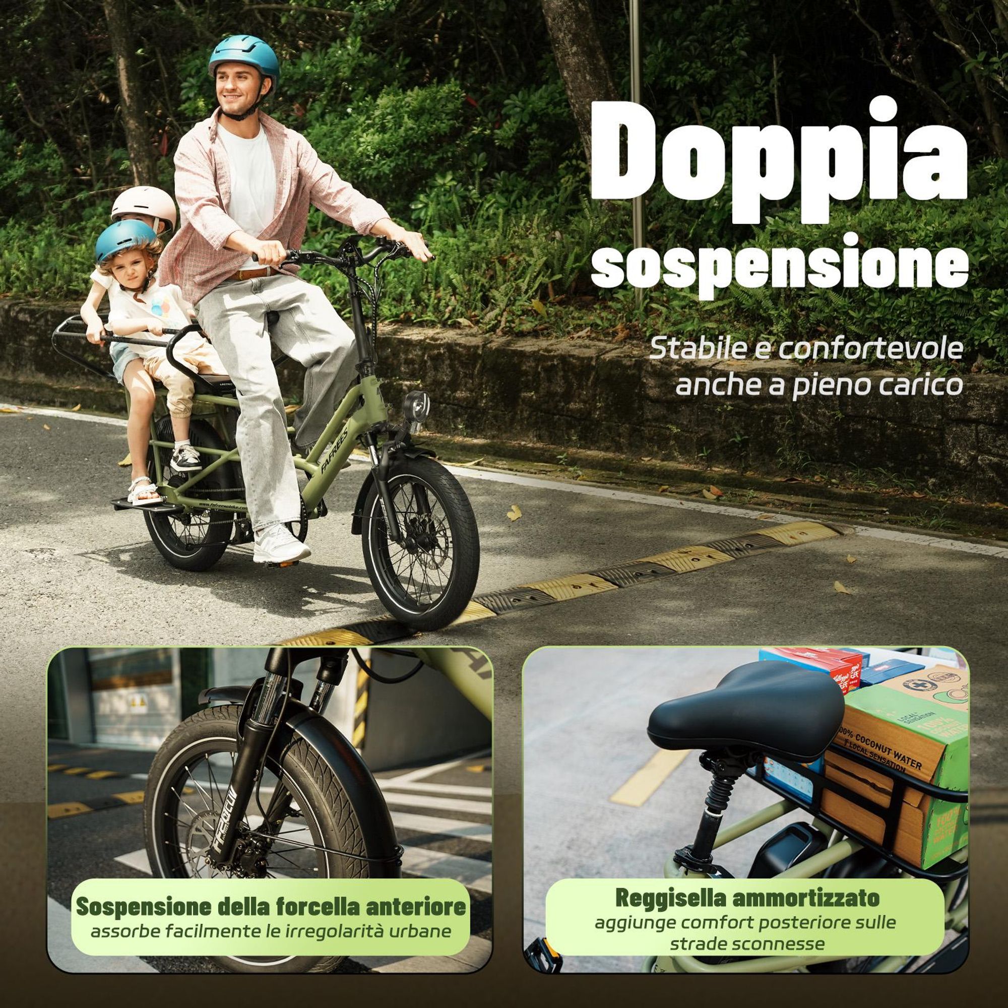 Seggiolino doppio FAFREES FF20 CUV per e-bici 24AH, 0-12 anni, portata 100kg telaio acciaio antiruggine-nero