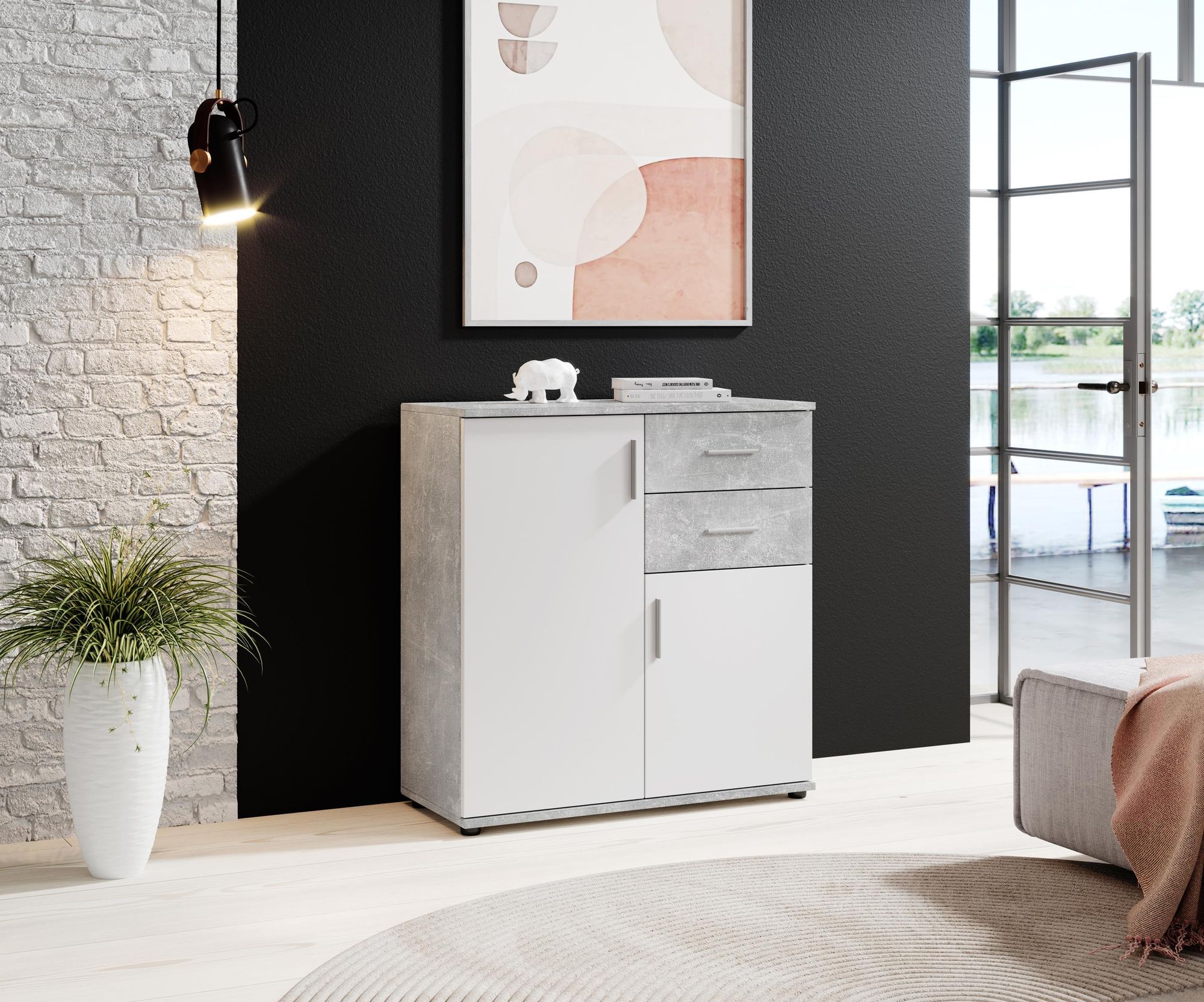 Freida IV Kommode – Modernes Sideboard mit Stauraum und Ablagefläche in Beton-Weiß