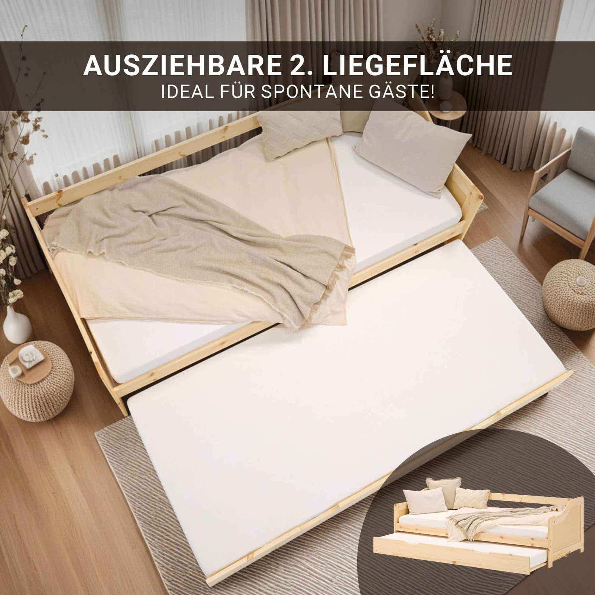 Das Ausziehbett wird von oben gezeigt. Es hat zwei praktische Liegeflächen.