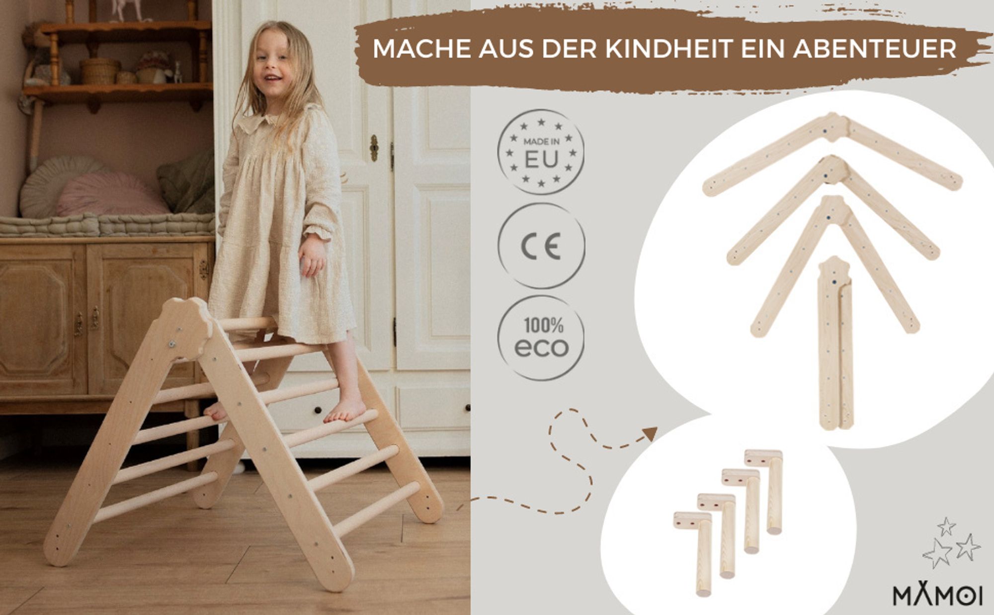 MAMOI® Klettergerüst indoor, Kletterdreieck aus holz, Baby kinder klettern, Kletterturm, Kletterbogen, Regenbogenwippe, Montessori spielzeug ab 1 jahr