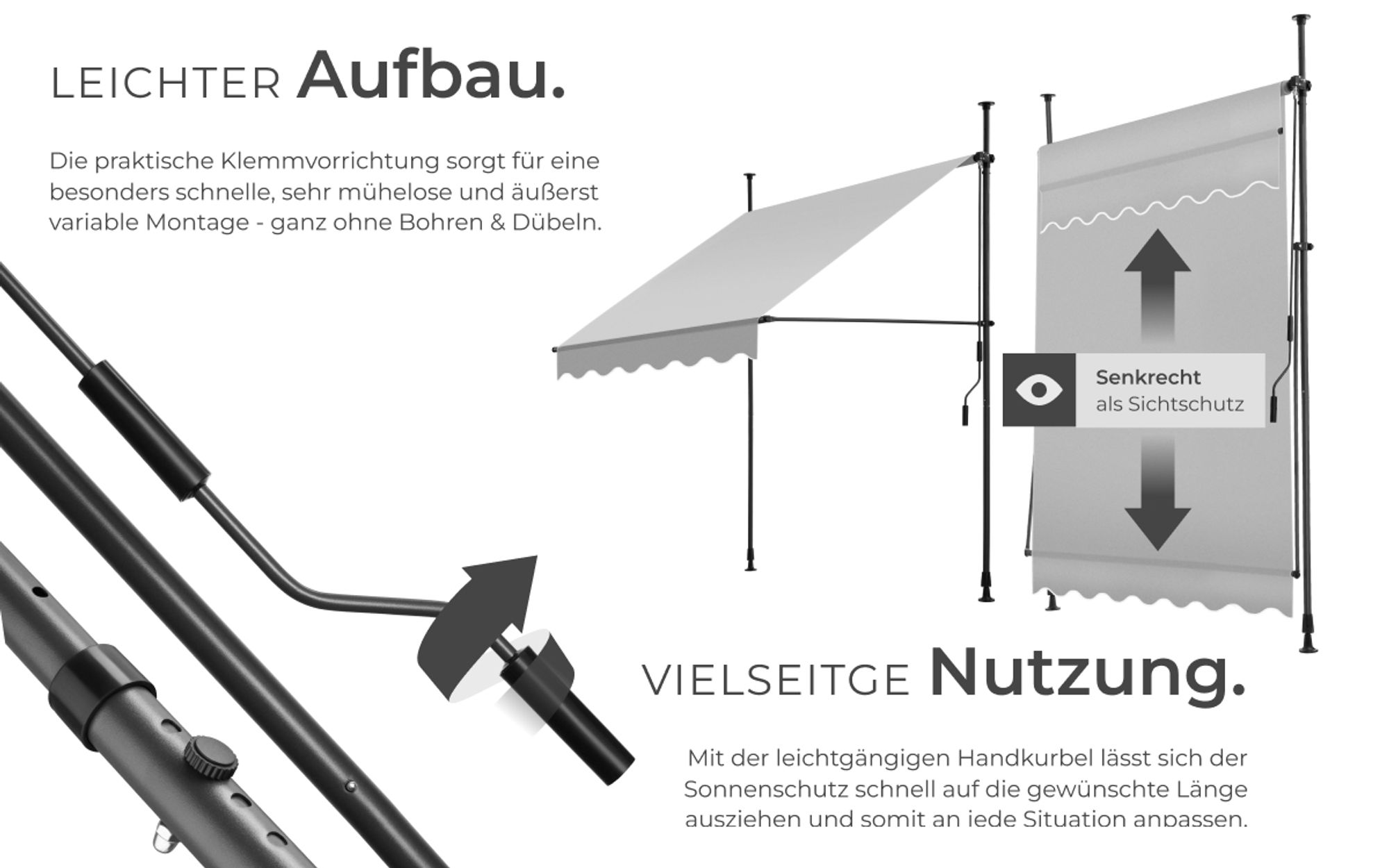 tectake® Klemmmarkise mit Handkurbel einfache Montage