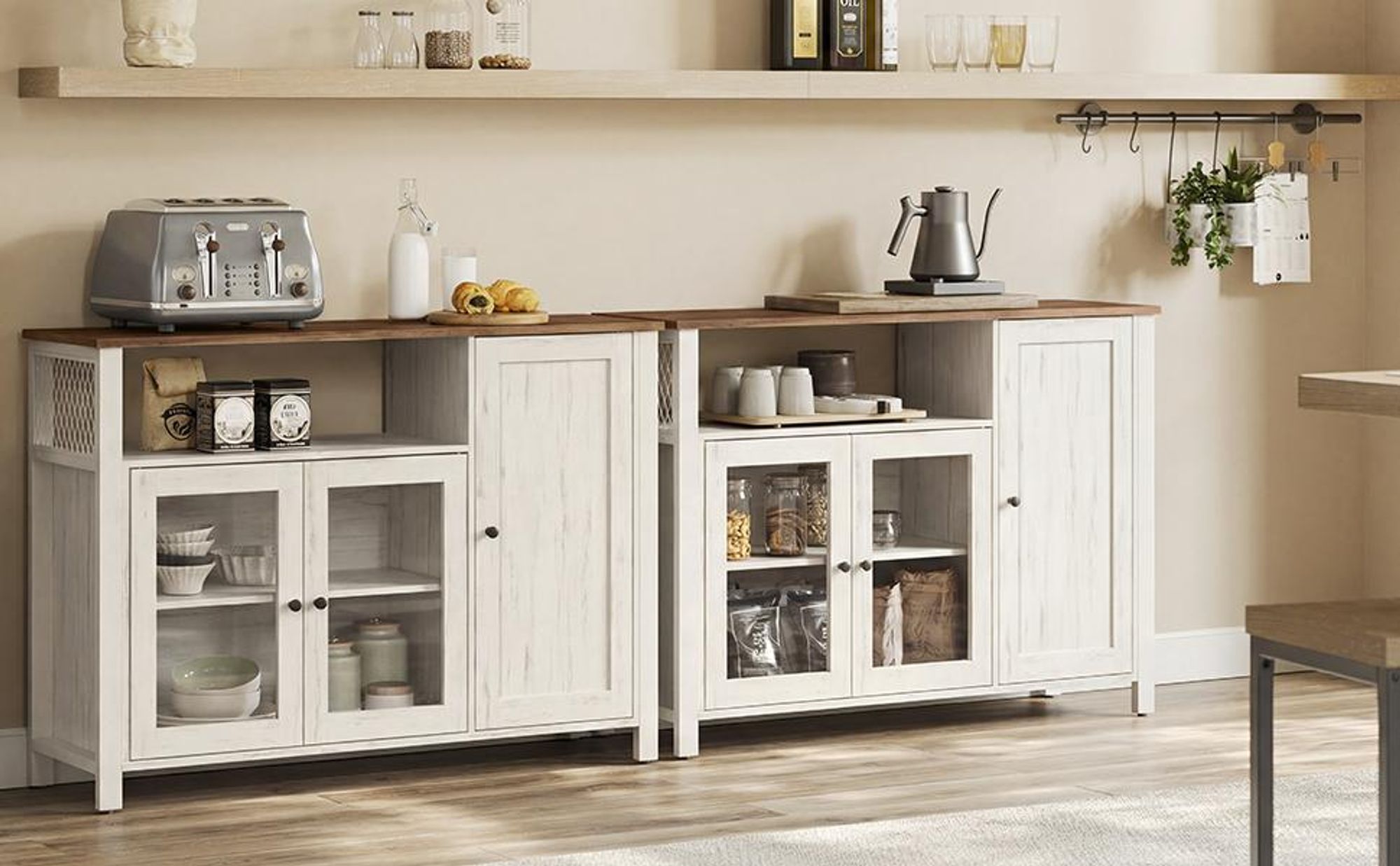 VASAGLE Küchenschrank, 33 x 110 x 75 cm, Aufbewahrungsschrank im Landhausstil, für Esszimmer oder Küche, braun-weiß