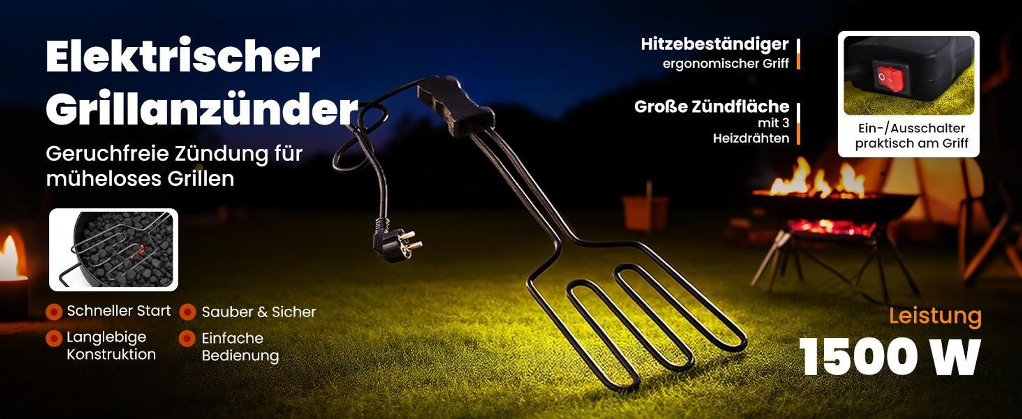 vidaXL Elektrischer Grillanzünder BBQ 1500 W