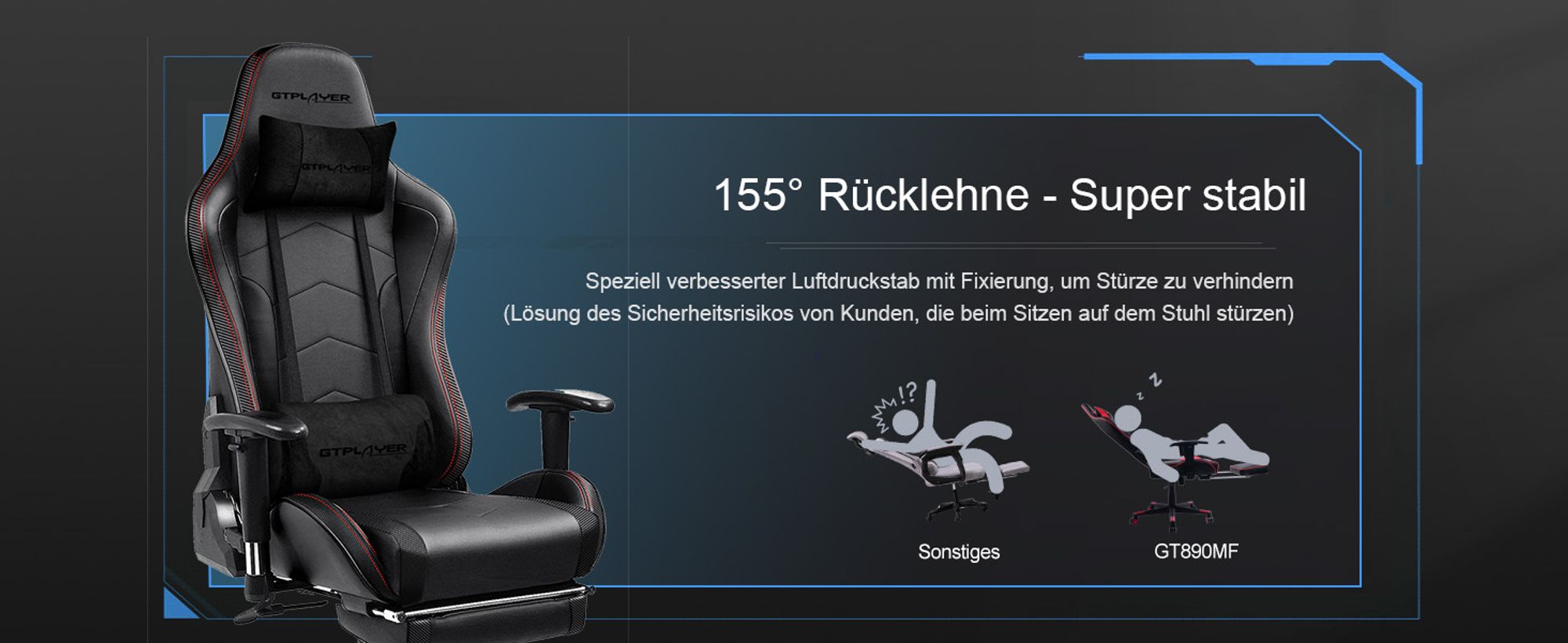 GTPLAYER Gaming Stuhl Mit Fußstützen Bluetooth Lautsprecher Musik Stuhl Ergonomischer Computerstuhl Schreibtischstuhl Gamer Stuhl schwarz