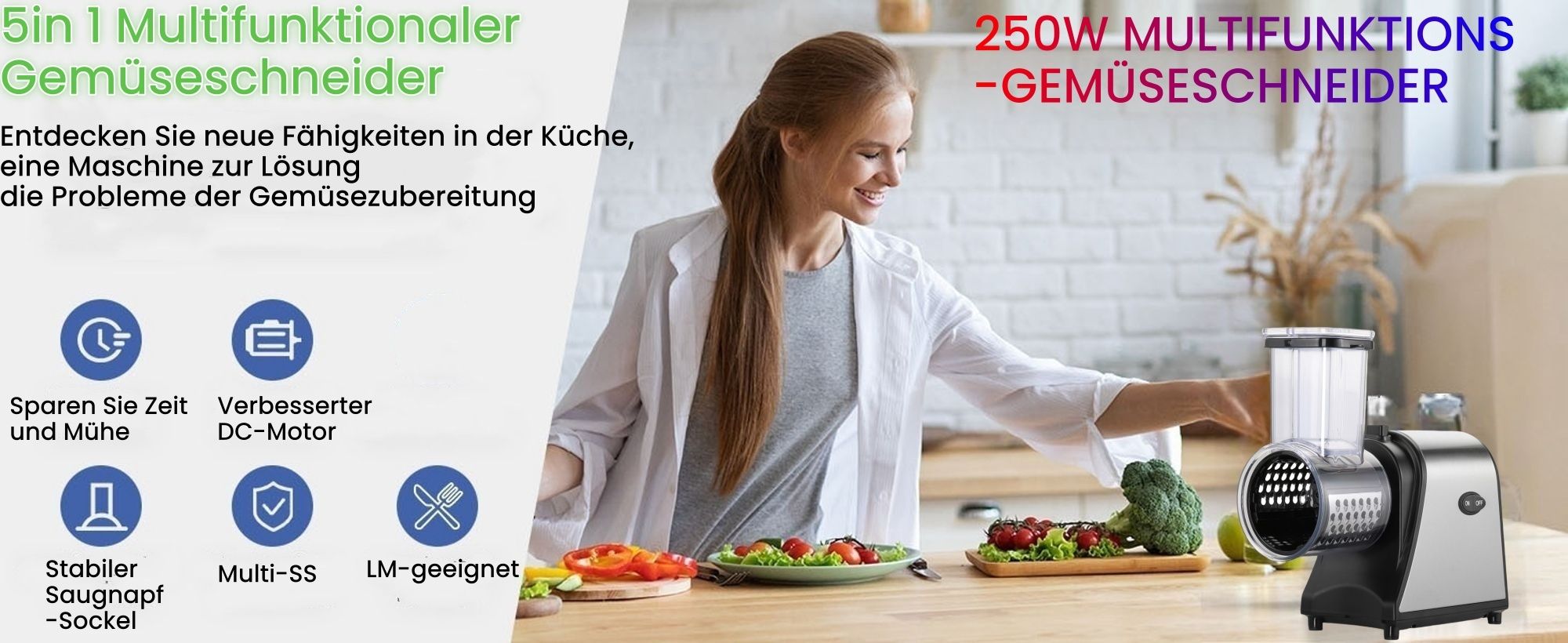 5 in 1 Elektrischer Gemüsehobel, 550W Automatisch Gemüseschneider mit großer Schneidtülle, 5 Kegel-Klingen, Edelstahl Multifunktionsreibe Gemüse Raspe