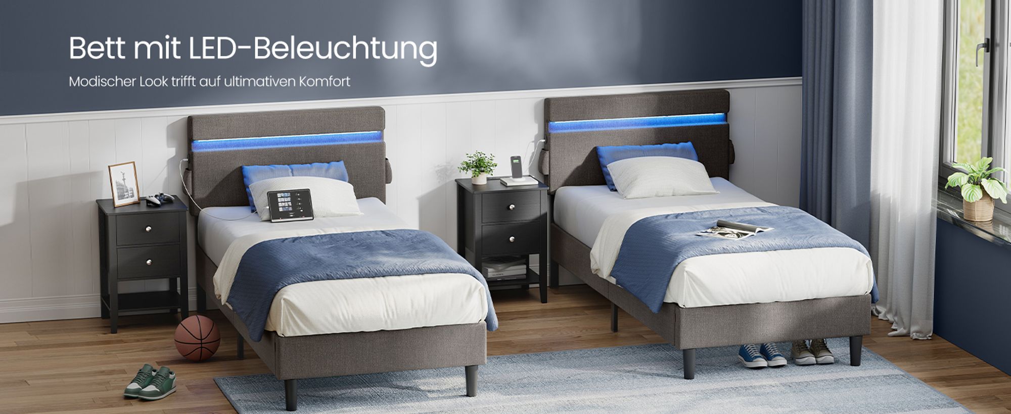 VASAGLE Polsterbett 90 x 190 cm, mit Kopfteil, LED, Doppelbett mit USB- und Type-C Anschluss