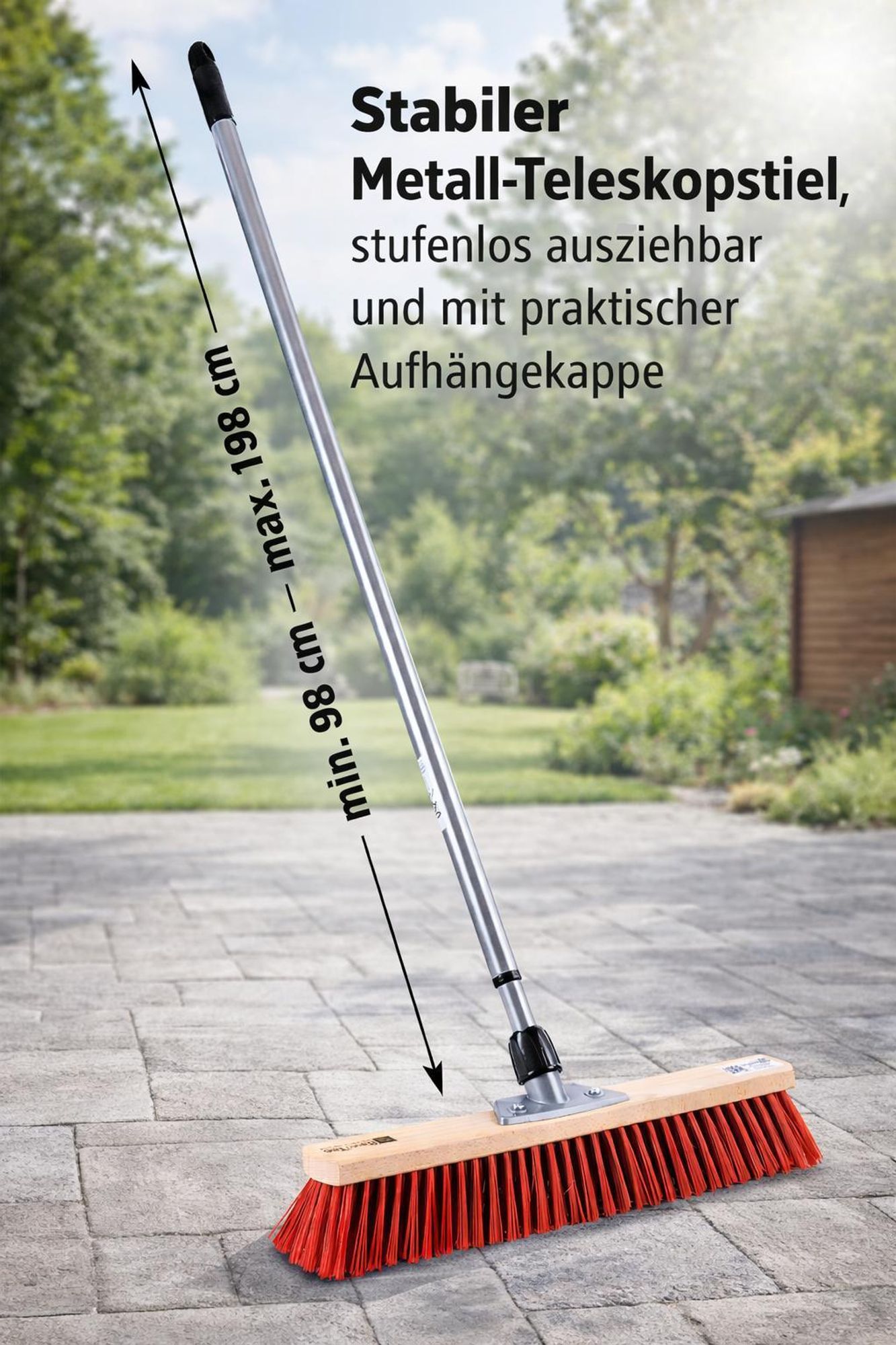 Qualitäts Straßenbesen 60cm Breit mit Teleskopstiel Stiel stufenlos ausziehbar Besen mit roten Kunststoffborsten Straßenschrubber Schrubberbesen