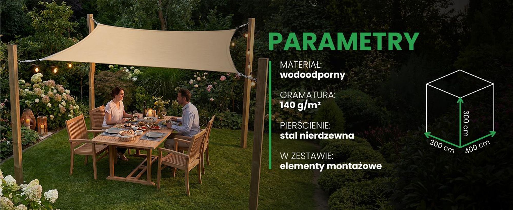 Żagiel przeciwsłoneczny prostokątny 3x4m ogrodowy na taras balkon beżowy wodoodporny
