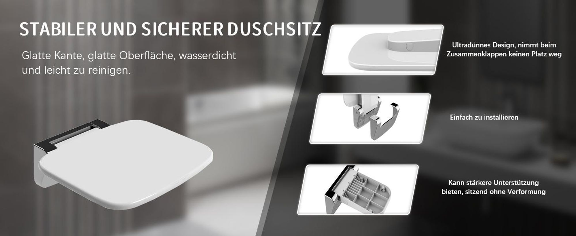 HEUFFE Duschsitz Klappbar Wandmontage Duschklappsitz Klappsitz Dusche bis 200kg Badestuhl Duschhocker-Badhocker Hocker Duschstuhl für Senioren,