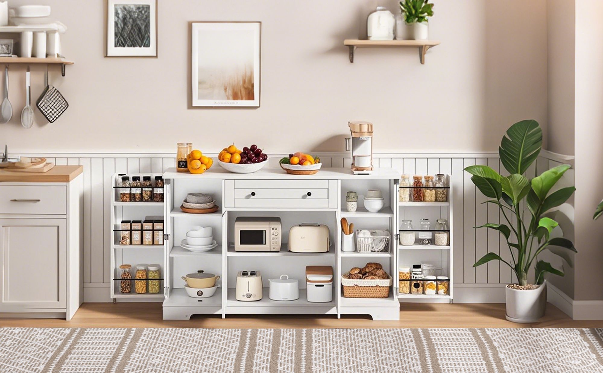 Flieks Sideboard Küchenschrank, Anrichte Küchenbuffet mit verstellbare Ablagen, Aufbewahrungsschrank für Küche, Wohnzimmer, Esszimmer, Weiß