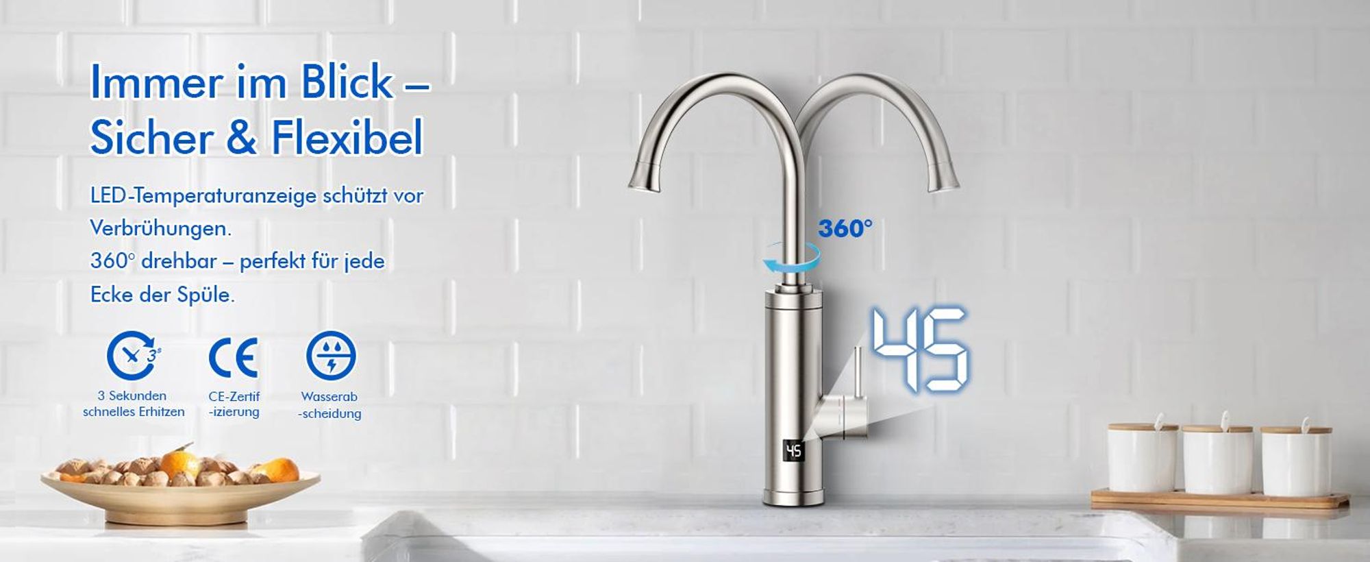 Homelody Elektrischer Wasserhahn mit Durchlauferhitzer, 230V 3300W Elektrischer Küchenarmatur mit LED Temperaturanzeige 360° Drehung SUS304 Edelstahl