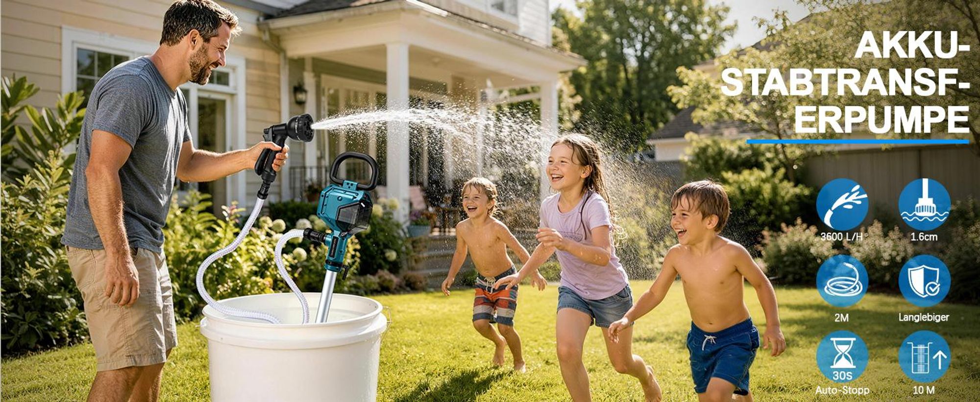 3600 L/h Akku Regenfasspumpe mit 2×4,0Ah 10m Förderhöhe Kabellose Stab-Transferpumpe Gartensprühdüse Wasserpumpe für Pool/Garten/Teich/Wohnmobil/Boot