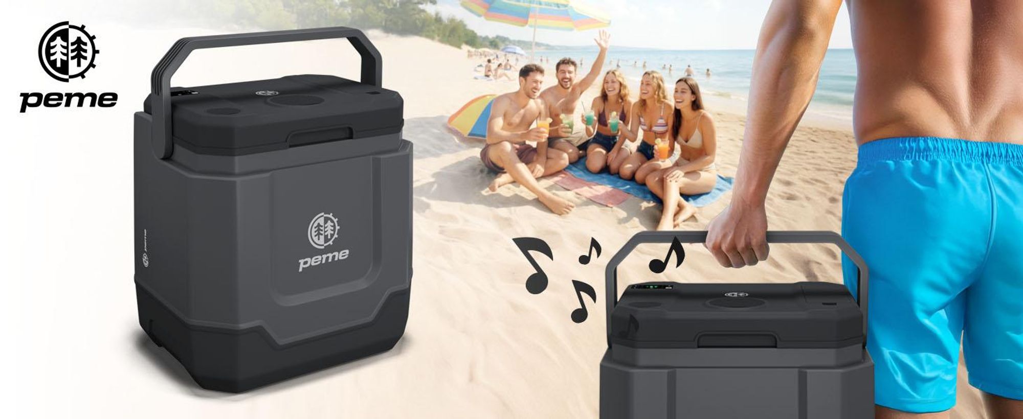 Peme Elektrische Kühlbox Trip 31,5L - Auto Camping Kühlschrank leise Bluetooth Lautsprecher Minikühlschrank Reise PKW LKW Outdoor, mit Strom & USB