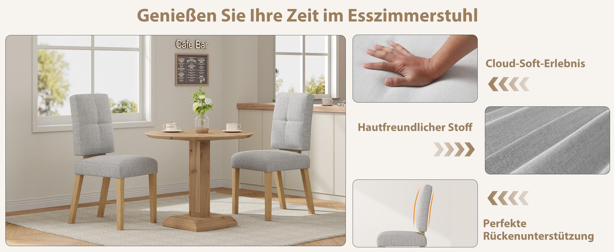 Stuhl Holz-Esszimmerstühle, 2er-Set Grau, Polsterstuhl, Extra dickes Sitzpolster für hohen Sitzkomfort