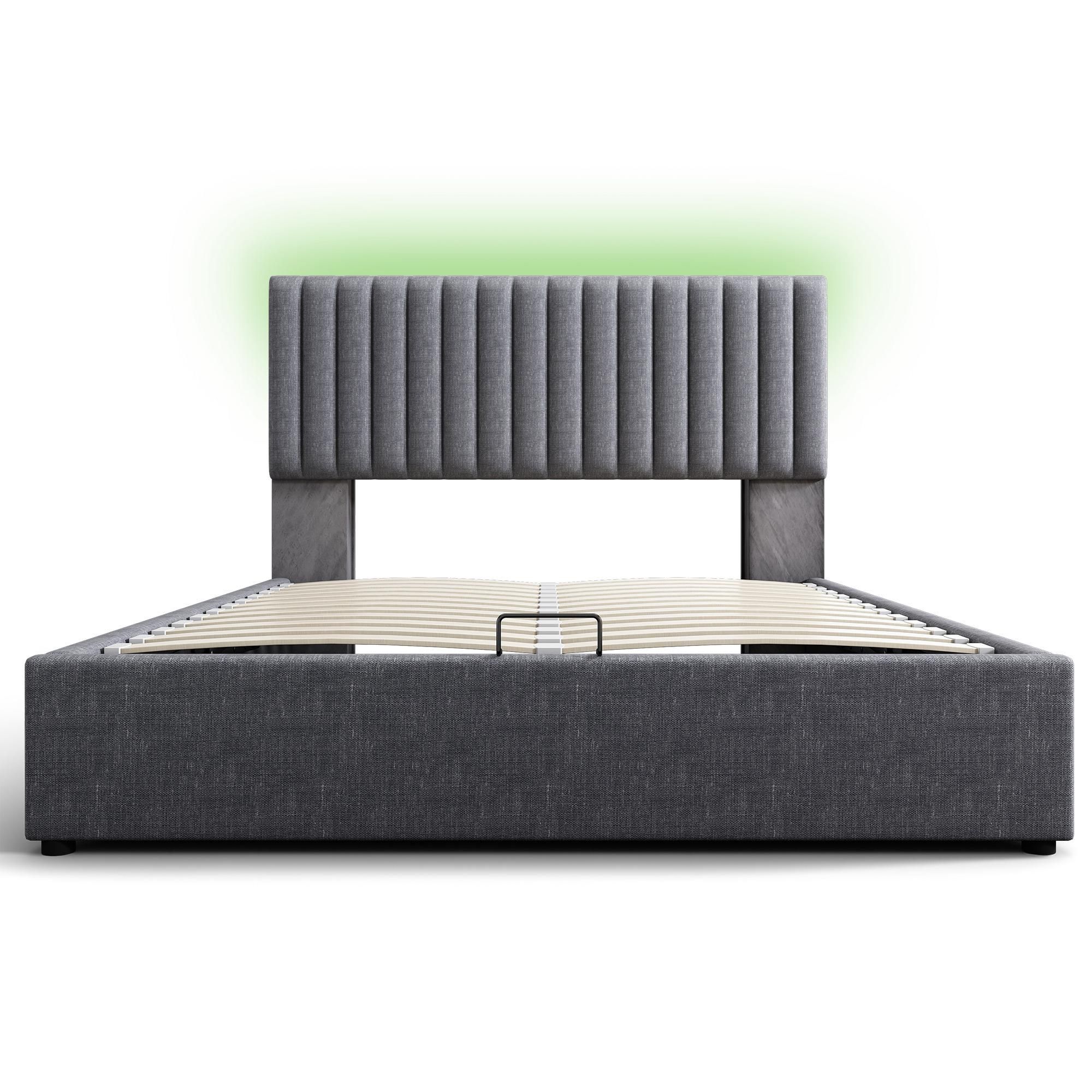 Flieks Polsterbett 140x200cm mit USB und Typ C, Stauraumbett Boxspringbett mit LED, Jugendbett Doppelbett mit Lattenrost, Funktionsbett, Leinen, Grau