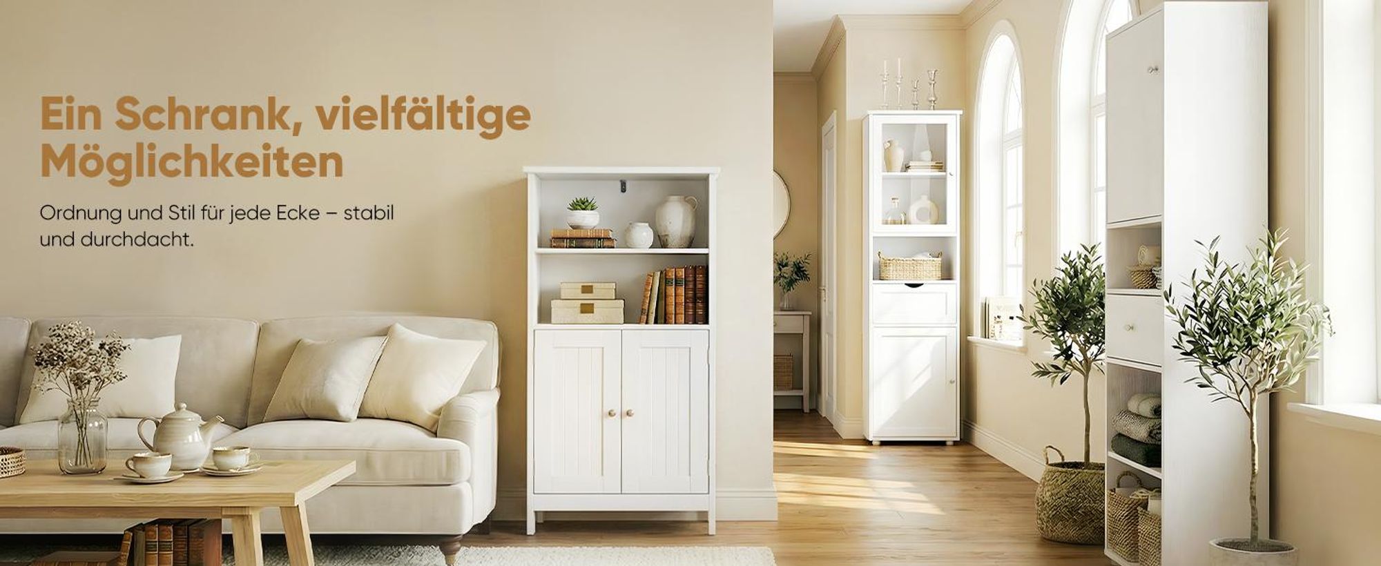 HOKEEPER Badezimmerschrank, Badschrank, Küchenschrank mit Doppeltür & Einstellbarem Regal,Badkommode Sideboard, Badezimmer/Wohnzimmer/Flur Weiß