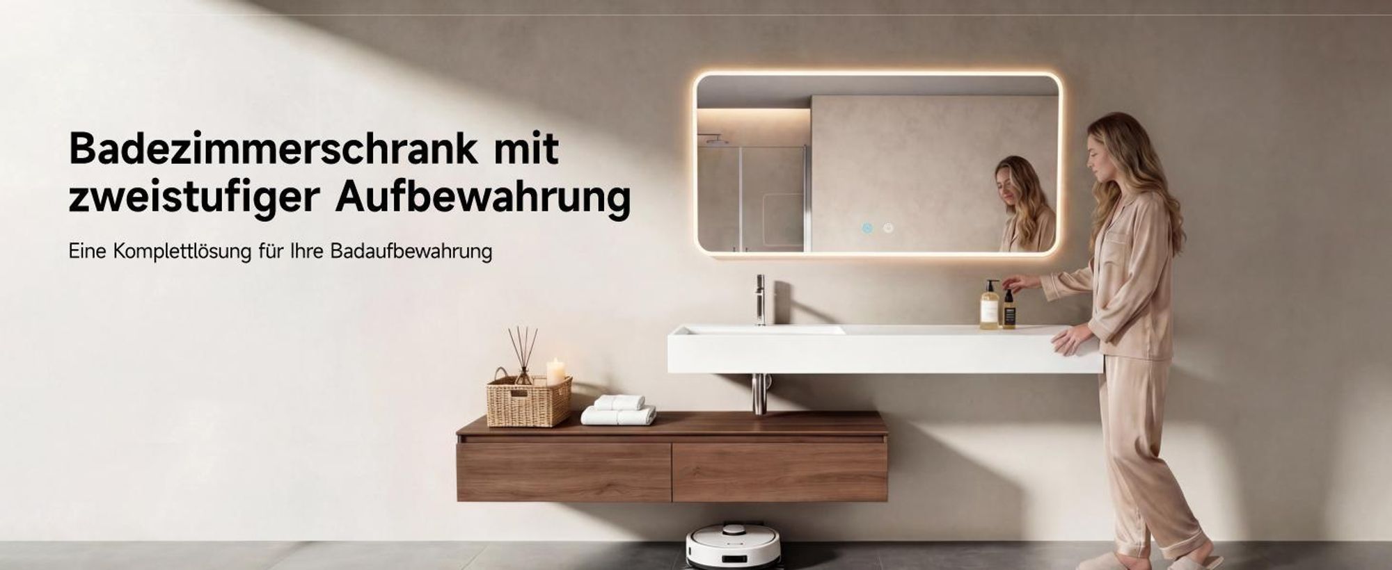 Mai & Mai Badmöbelset Waschtisch mit Unterschrank Eiche 150x48x25cm inkl. Mineralguss-Waschbecken in matt Anthrazit und LED-Badspiegel UP