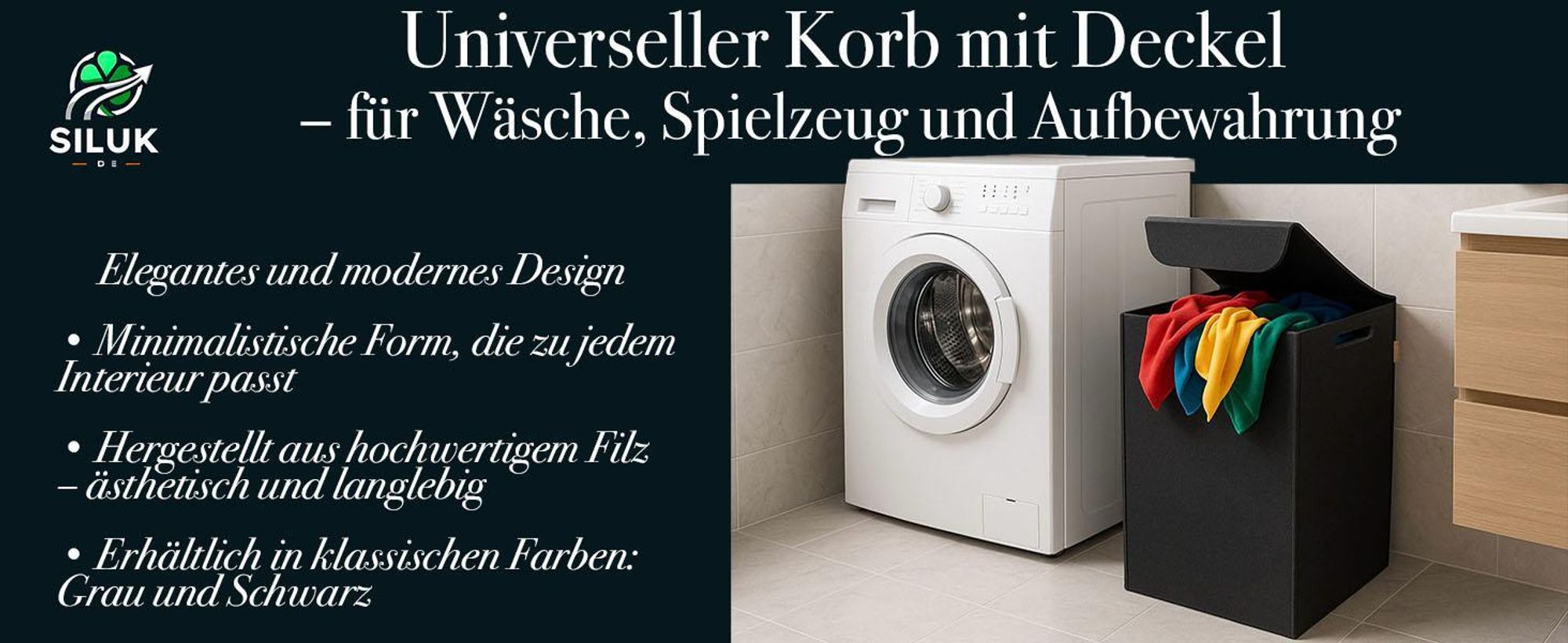 Wäschekorb aus Filz mit Deckel – faltbarer Filzkorb, kalandriert gegen Feuchtigkeit, stabiler Aufbewahrungskorb, Grau/Anthrazit, hergestellt in der EU