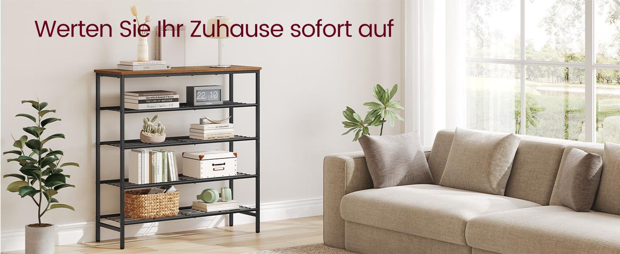 VASAGLE Schuhbank, Schuhaufbewahrung, Schuhregal, Metallrahmen, 5 Ebenen, für bis zu 18-24 Paar Schuhe, braun-schwarz