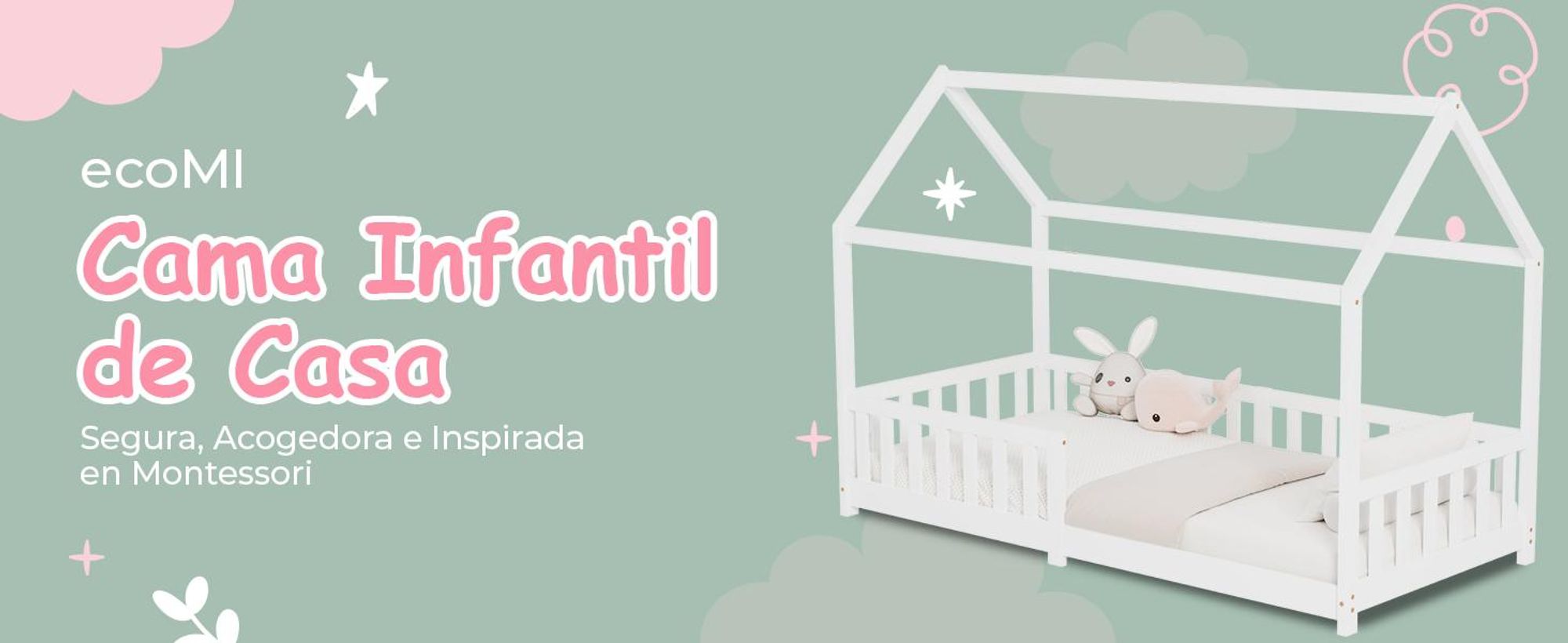 Cama infantil de 90x200 con barandillas de protección y somier, cama con forma de casita – cama infantil de 90x200 para niños – cama con forma de casita de 90x200, color blanco