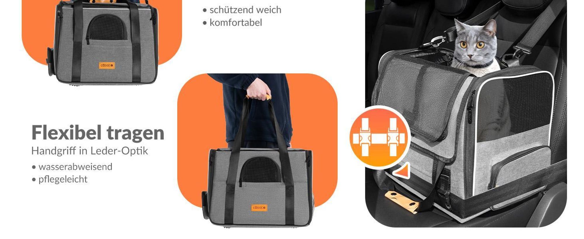 CADOCA® Transportbox Katzen bis 20kg faltbar Sonnen- und Regendach Schultergurt mit Napf Atmungsaktiv Komfortabel Wendekissen Haustier Katzenbox Tragetasche Hunde Auto Grau