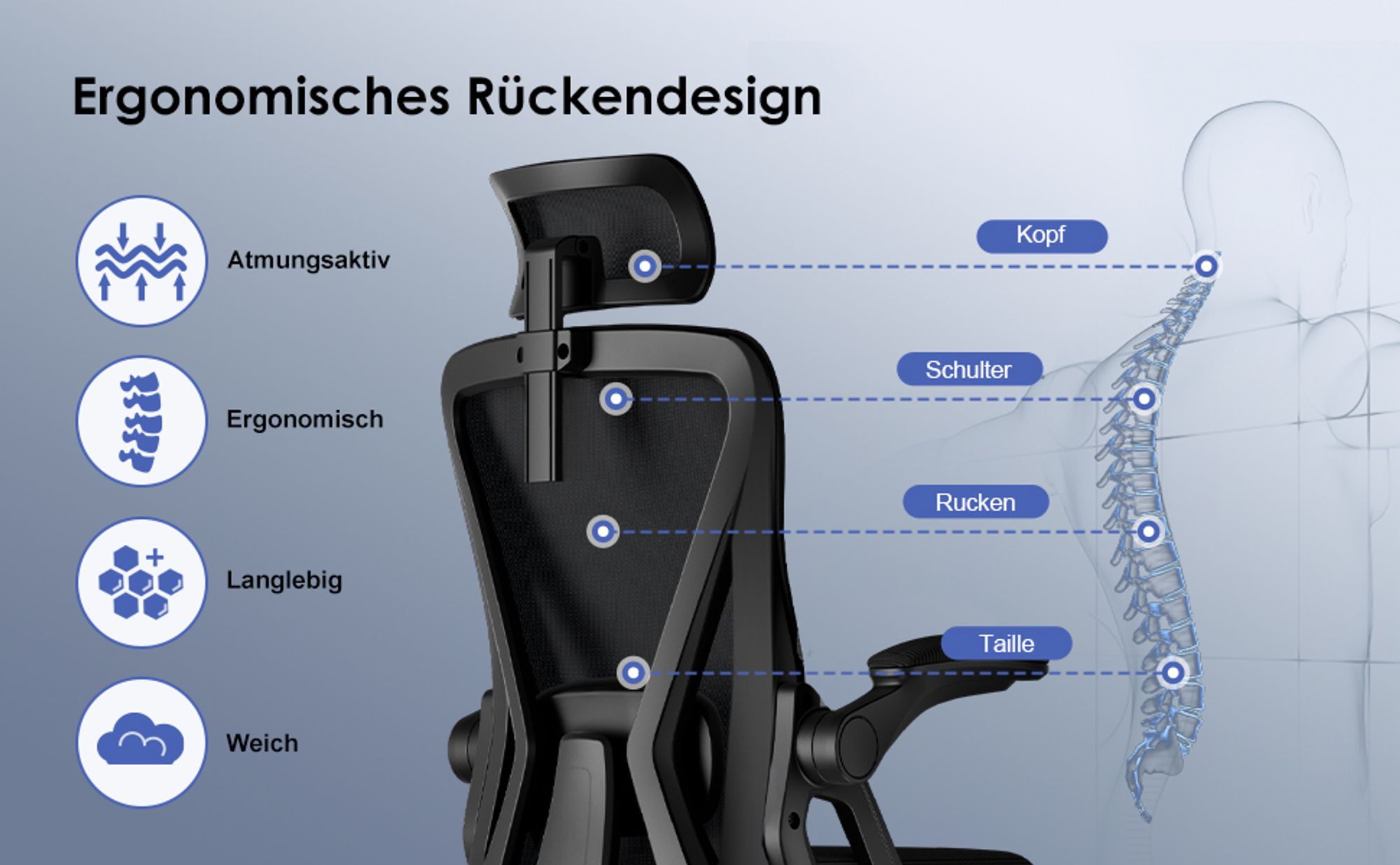 Marodic Bürostuhl Ergonomisch Schreibtischstuhl mit Verstellbarer Kopfstütze, Armlehnen, Lendenwirbelstütze Drehstuhl Chefsessel bis zu 150 kg Schwarz