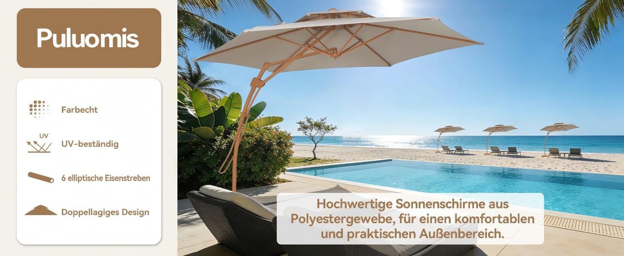 Puluomis Doppellagiger Sonnenschirm 3m, Gartenschirm mit Luftzirkulation und Wärmeableitung, 6 elliptische Eisenstreben, UV-beständig, farbecht beige