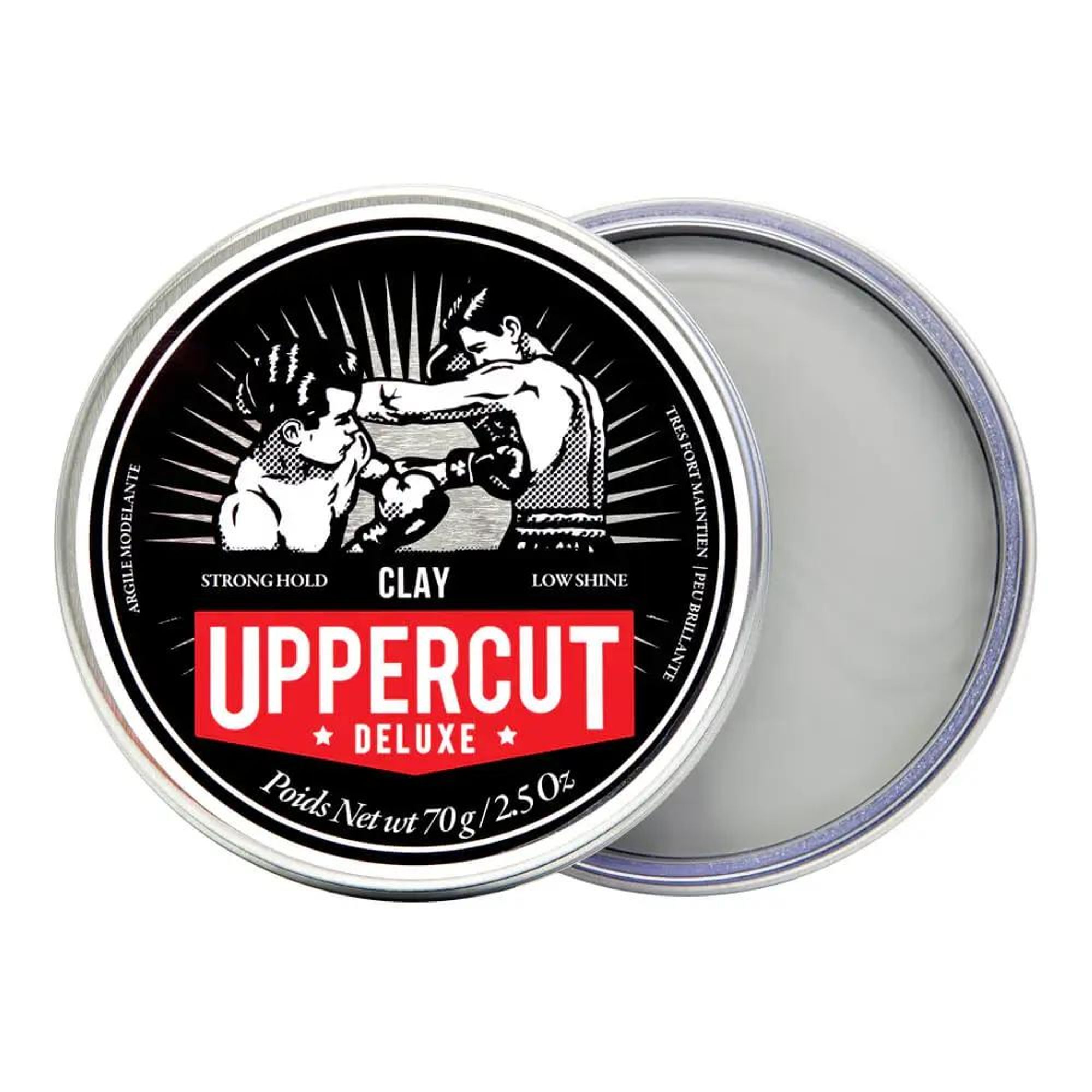 Wieczko glinki Uppercut Deluxe Clay oraz otwarte opakowanie z produktem