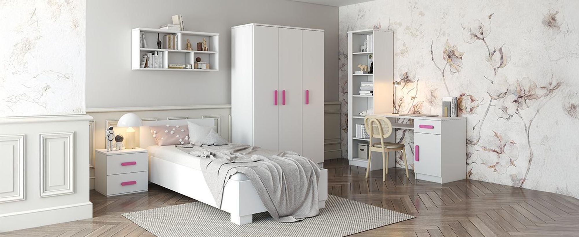 Drehtürenschrank, Kinderkleiderschrank 120 cm Weiß/Weiß, rosane Griffe JONAS I 19