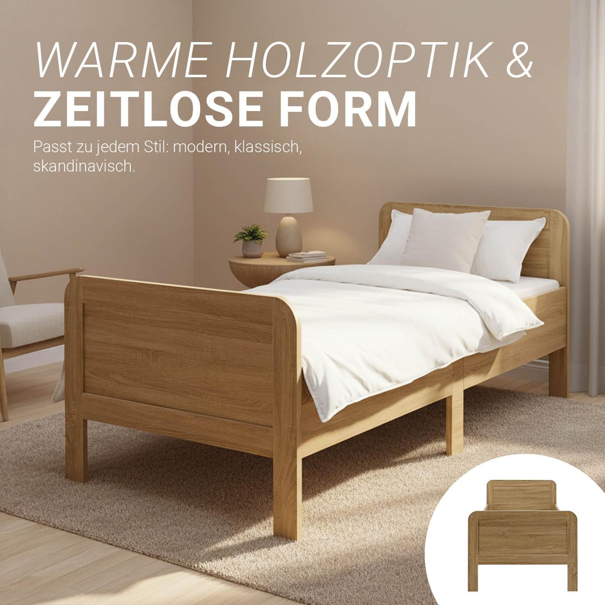 Das Holzbett steht auf einem braunen Teppich und wird von der Seite gezeigt.